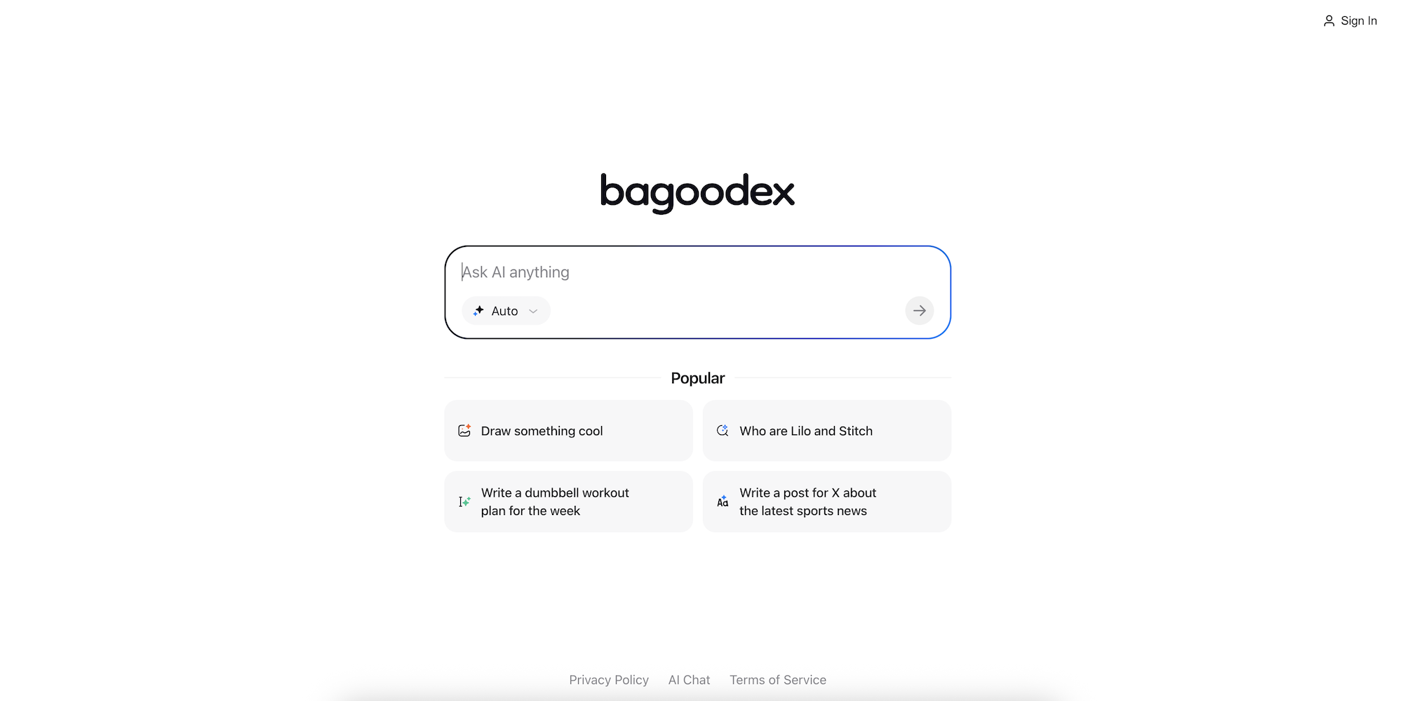 Screenshot of Bagodex AI, an alternative chatbot