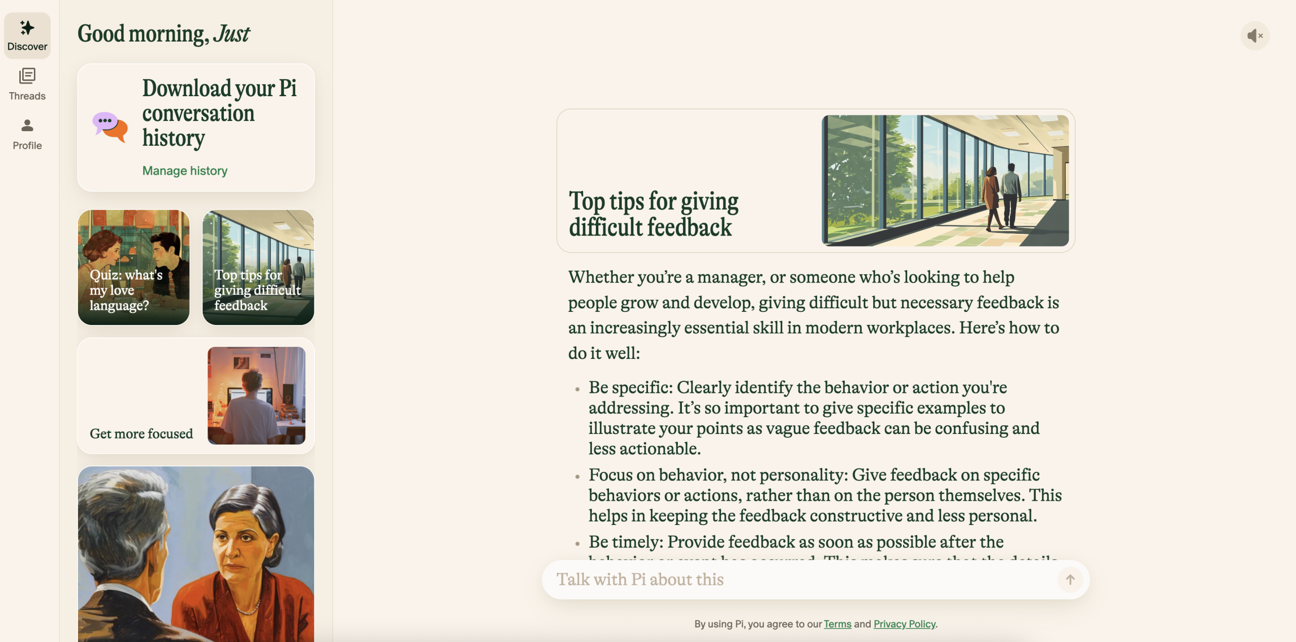 Screenshot of the chatbot Pi.ai