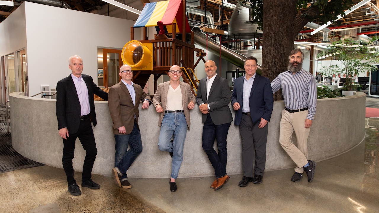 xLight Leadership Team at the office of venture capital firm Playground Global in Palo Alto, California. From left to right: VP of Accelerator Systems Bruce Dunham, VP for Global Policy and Public Sector Partnerships Ben Purser, VP of Photon Systems Chris Anderson, Chief Executive Officer and Chief Technology Officer Nicholas Kelez, Chief Commercial Officer Kevin Heidrich, and VP of Engineering and Industrialization Andrew Burrill.