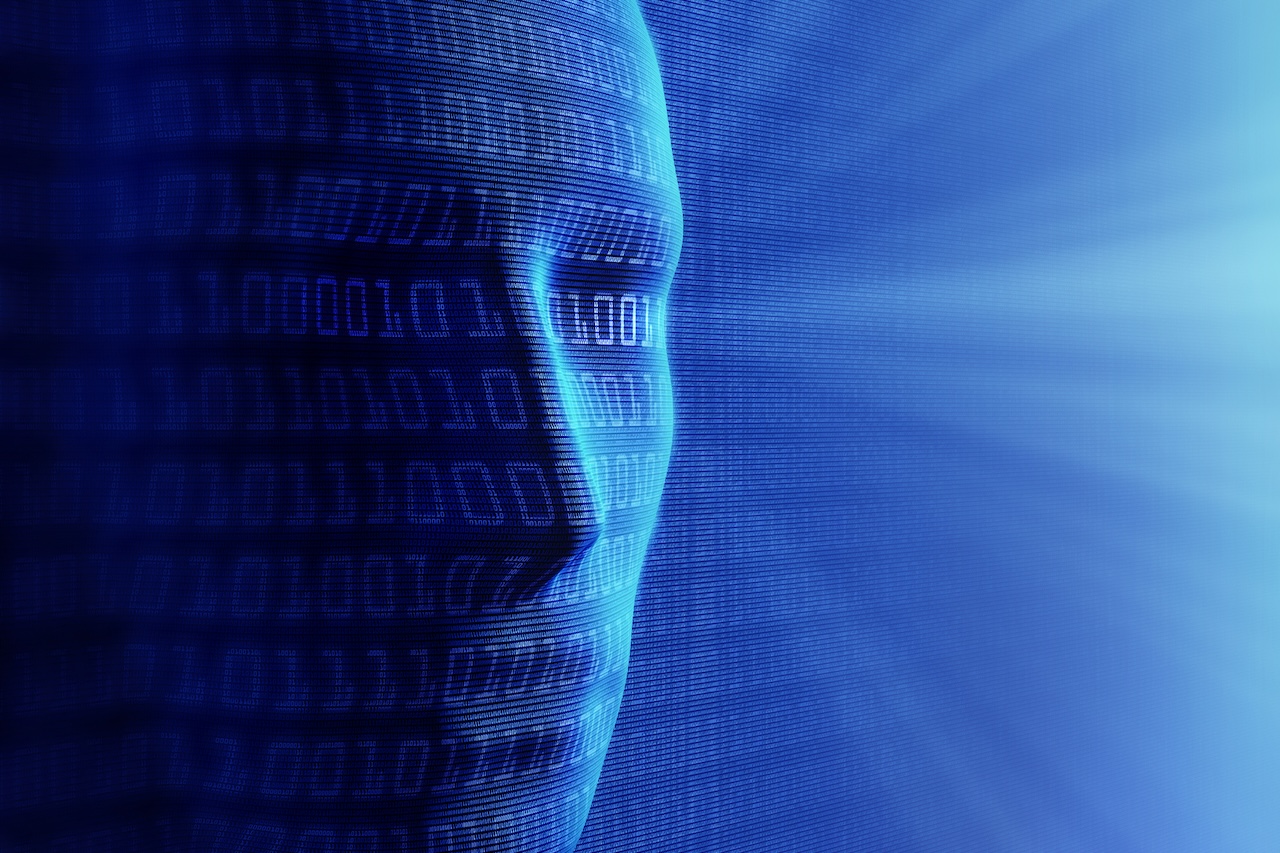 Conceptual background- Artificial intelligence / humans and cyber-business (detailed with millions of small binary code)
